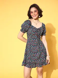 Berrylush Navy Blue Floral Crepe A-Line Mini Dress