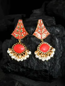 Silvermerc Designs Gold-Toned & Orange Meenakari Drop Earrings