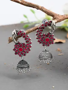 Silvermerc Designs Silver-Plated Pink Oxidised Dome Shaped Jhumkas Earrings