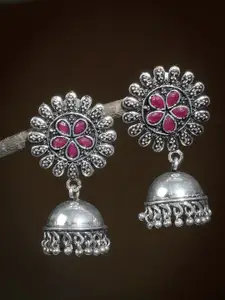 Silvermerc Designs Silver-Toned & Pink Oxidised Jhumkas Earrings