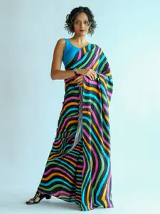 Suta Black & Blue Striped Saree