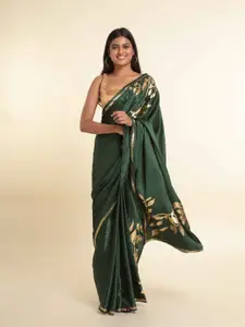 Suta Green & Gold-Toned Floral Printed Saree
