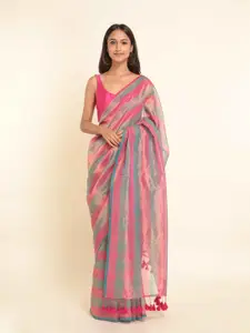 Suta Pink & Grey Striped Saree