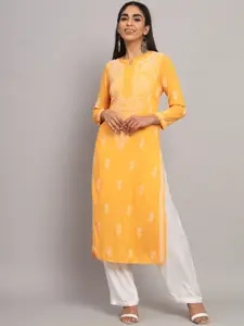 PARAMOUNT CHIKAN Women Orange Floral Embroidered Chikankari Modal Straight Kurta