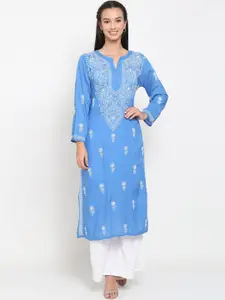 PARAMOUNT CHIKAN Women Blue Embroidered Chikankari Modal Straight Kurta