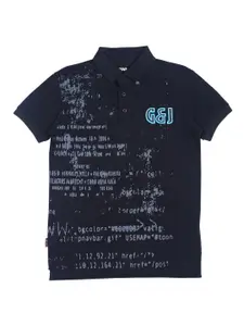 Gini and Jony Boys Black Typography Printed Polo Collar Cotton T-shirt