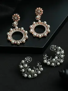 Priyaasi Silver-Toned Set of 2 Pearl Studded Drop Earrings