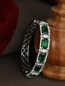 Priyaasi Women Silver-Toned & Green Brass American Diamond Silver-Plated Bangle-Style Bracelet