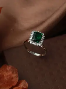 Priyaasi Silver Plated Silver Emerald American Diamond Studded Finger Ring