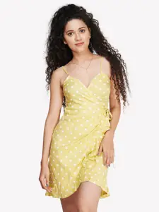 VASTRADO Women Yellow Polka Dot Printed Cotton Wrap Dress