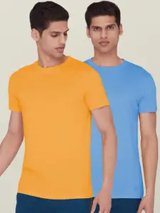 XYXX Men Pack of 2 Blue & Orange N9 Silver Finish Solid Tshirts