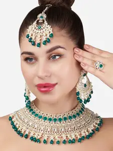 Zaveri Pearls Green Bridal Kundan Necklace Earring Maangtikka & Ring Set