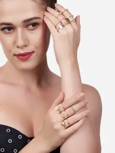 Zaveri Pearls Set Of 15 Gold-Toned White Stone-Studded Finger Rings
