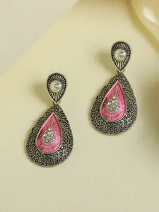 Priyaasi Silver-Toned & Pink Teardrop Shaped Drop Earrings