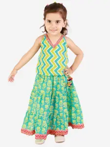 KID1 Girls Green & Blue Pure Cotton Printed Top with Skirt