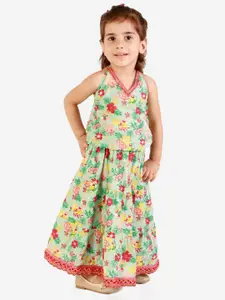 KID1 Girls Green & Red Pure Cotton Printed Top with Skirt