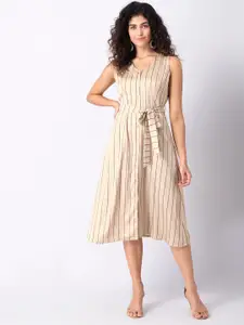 FabAlley Beige Striped Satin Midi Dress