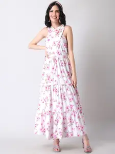 FabAlley White Floral Georgette Tiered Maxi Dress