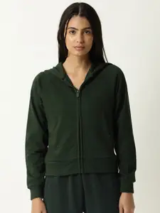 ARTICALE Women Green Hooded Cotton Sweatshirt
