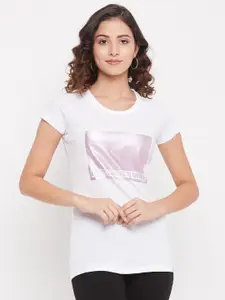 Duke Women White Typography Printed Cotton T-shirt