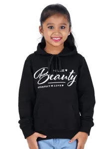 Fleximaa Girls Black Printed Hooded Cotton Sweatshirt