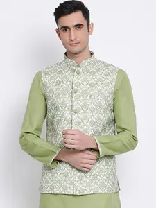 Sanwara Men Green & Gold-Colored Printed Woven Nehru Jacket