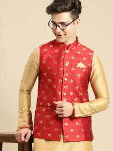 Sanwara Men Red & Gold-Colored Printed Woven Nehru Jacket