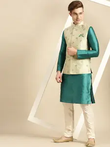 Sanwara Men Beige Woven Design Printed Nehru Jacket
