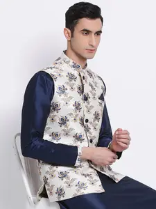 Sanwara Men White & Beige Printed Woven Nehru Jackets