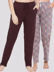 Kanvin Women Brown  Solid & Grey Printed Pack of 2 Lounge Pants