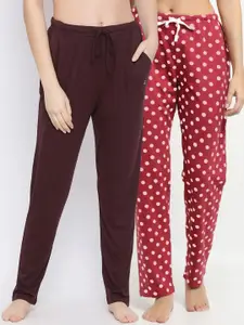 Kanvin Women Pack Of 2 Red & Brown Printed Pure Cotton  Brown Lounge Pants