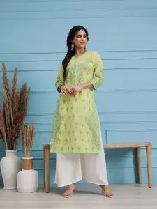ADA Women Yellow & Green Floral Embroidered Chikankari Kurta