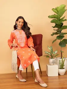 ADA Women Orange & White Ethnic Motifs Embroidered Chikankari Kurta