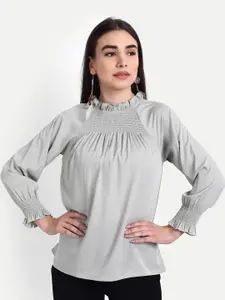 Rediscover Fashion Rediscover Women Fashion Grey Bishop Sleeves Smocking Crepe Top