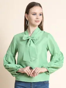 Rediscover Fashion Women Green Solid Crepe Tie-Up Neck Top