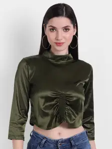 Rediscover Fashion Green Satin Smocking Strechable Crop Top