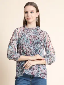 Rediscover Fashion Women Blue & Brown Floral Print Smocking Georgette Top