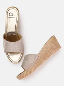 Carlton London Women Gold-Toned Shimmery Croc Textured Block Heels