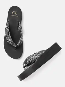 Carlton London Charcoal Grey & Black Snakeskin Textured Knot Detail Flatforms