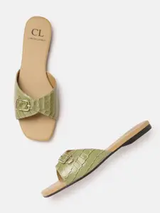 Carlton London Women Olive Green Croc Textured Open Toe Flats with Buckles