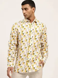 HARSAM Men Beige & Yellow Floral Printed Casual Shirt