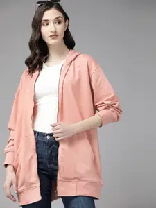 The Roadster Lifestyle Co. Women Peach-Coloured Oversized Hooded Front-Open Sweatshirt