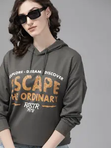 The Roadster Lifestyle Co. Women Charcoal Grey Printed Hooded Sweatshirt