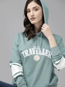 The Roadster Lifestyle Co. Women Sea Green & White Printed Hooded Sweatshirt