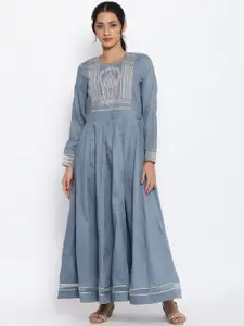 WISHFUL Women Blue Ethnic Motifs Embroidered Ethnic Maxi Dress