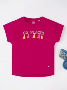 Ed-a-Mamma Girls Pink & Yellow Typography Printed T-shirt