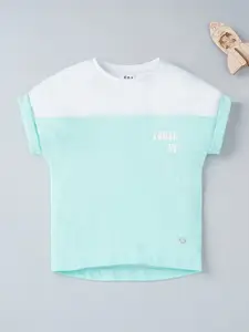 Ed-a-Mamma Girls Blue & White Colourblocked Extended Sleeves T-shirt