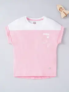Ed-a-Mamma Girls Pink & White Colourblocked T-shirt
