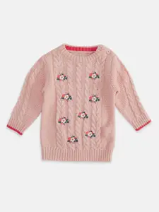 Pantaloons Junior Girls Pink & White Floral Embroidered Pullover