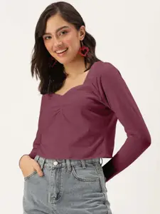DressBerry Purple Solid Sweetheart Neck  With Long Sleeves Crop Top